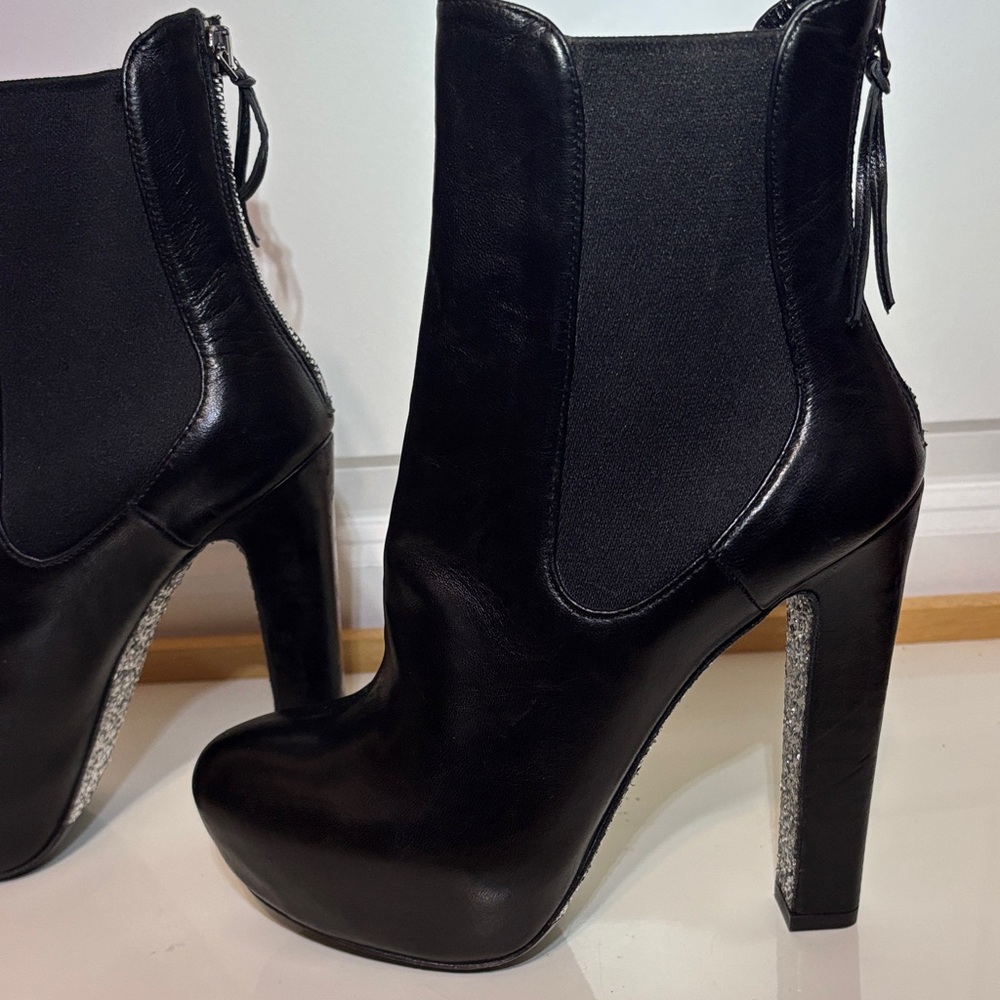 Miu Miu Black Leather Platform Ankle Boots with Glitter Block Heel size 36.5 - Picture 5 of 15